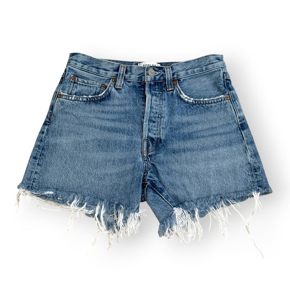 AGOLDE Parker Long Women's High Rise Blue Denim Cut Off Shorts 24 Button Fly